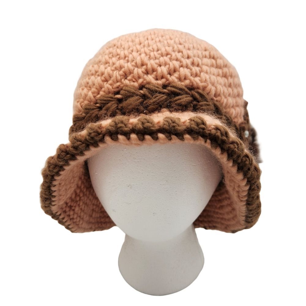 Vintage Style Handmade Crochet Knit Cloche Hat Fur Pearl Floral Detail S/M - Picture 2 of 8